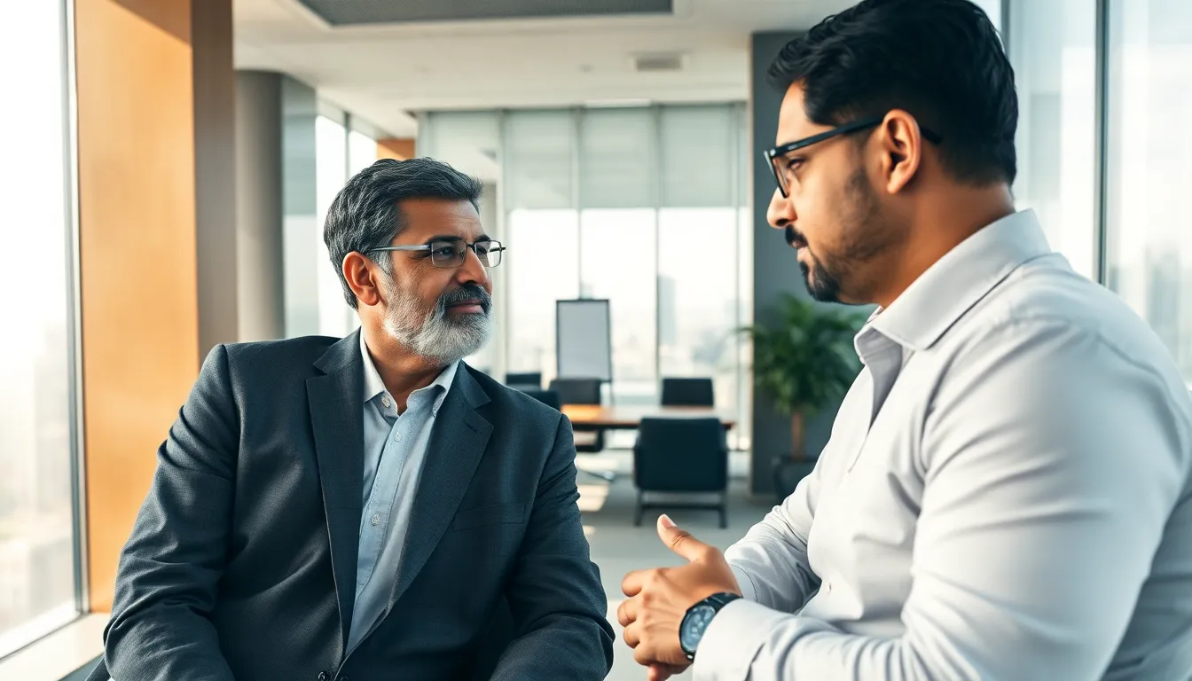 A senior executive coach in a deep, one-on-one conversation with a CEO in a high-rise Mumbai office.