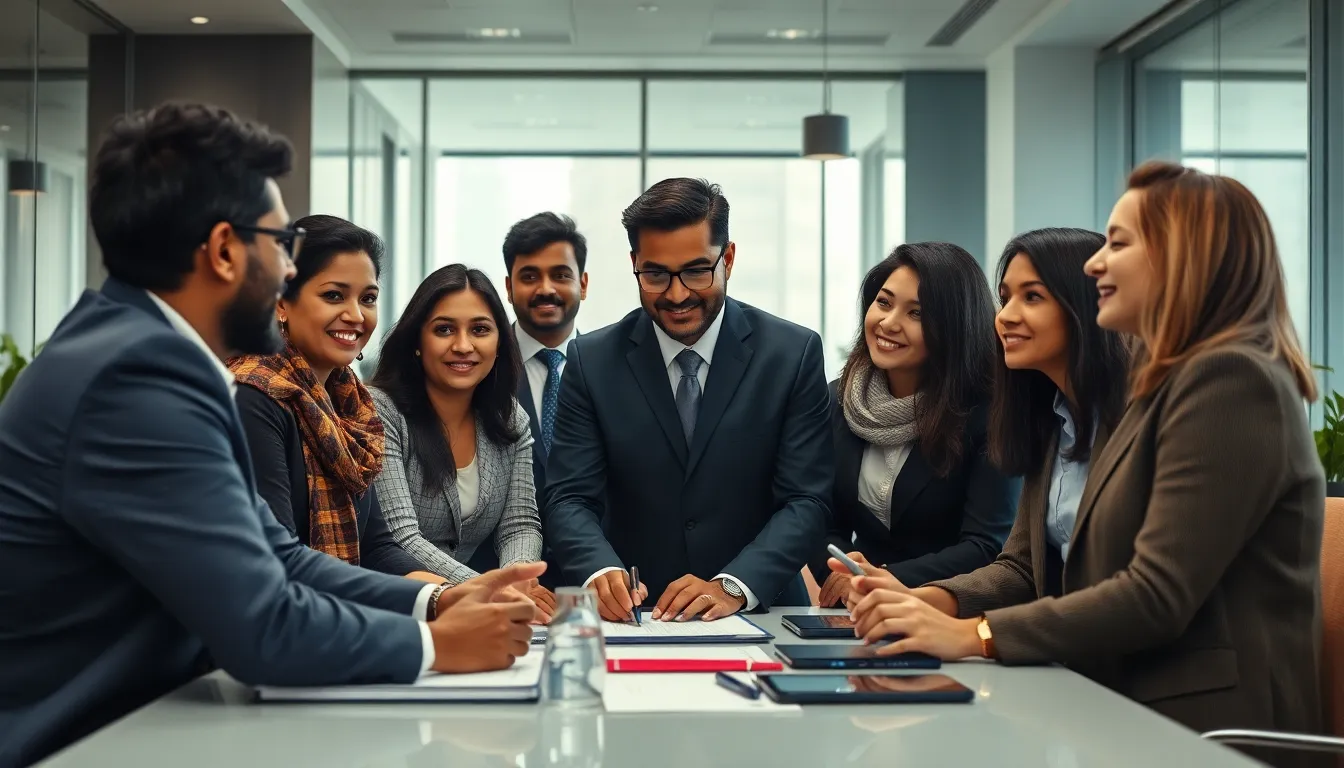 A diverse team of business professionals collaborating around a table in a bright, modern office in Mumbai.