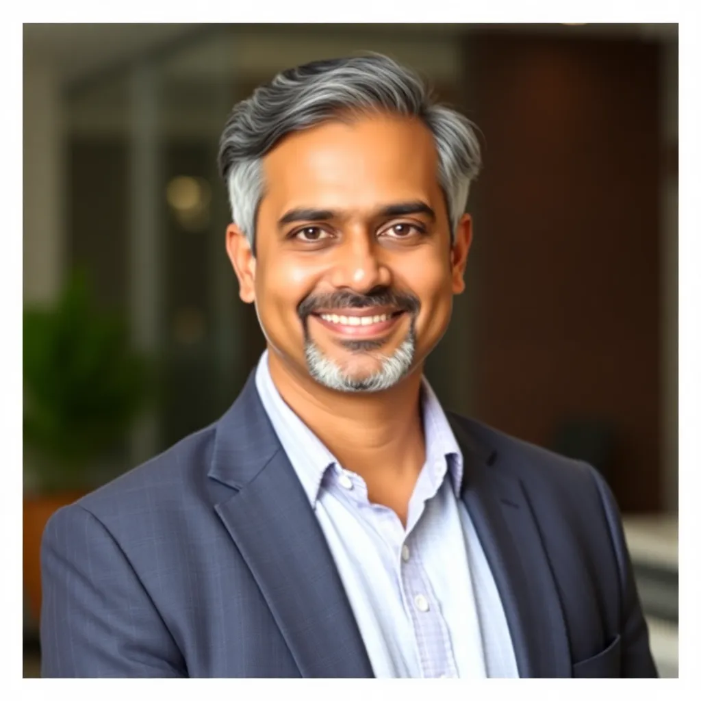 Portrait of a distinguished male founder in his late 50s, sharp suit, confident expression, with a blurred office background.